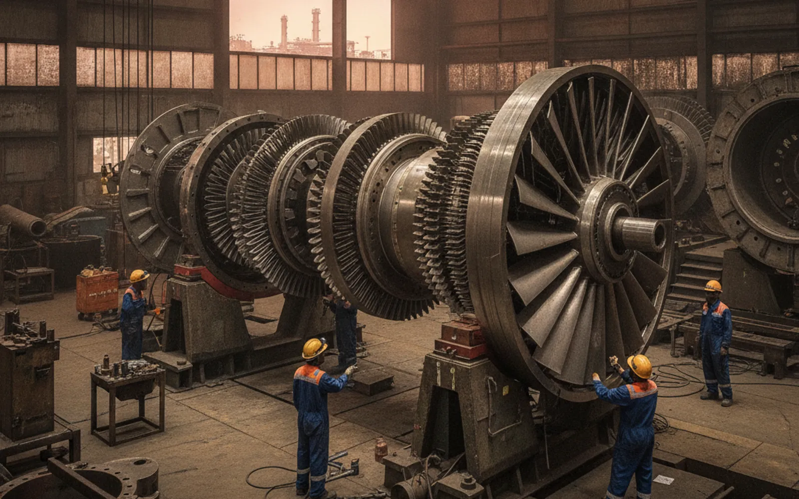 Steam turbine rotor lifted out of its casing during a major overhaul
