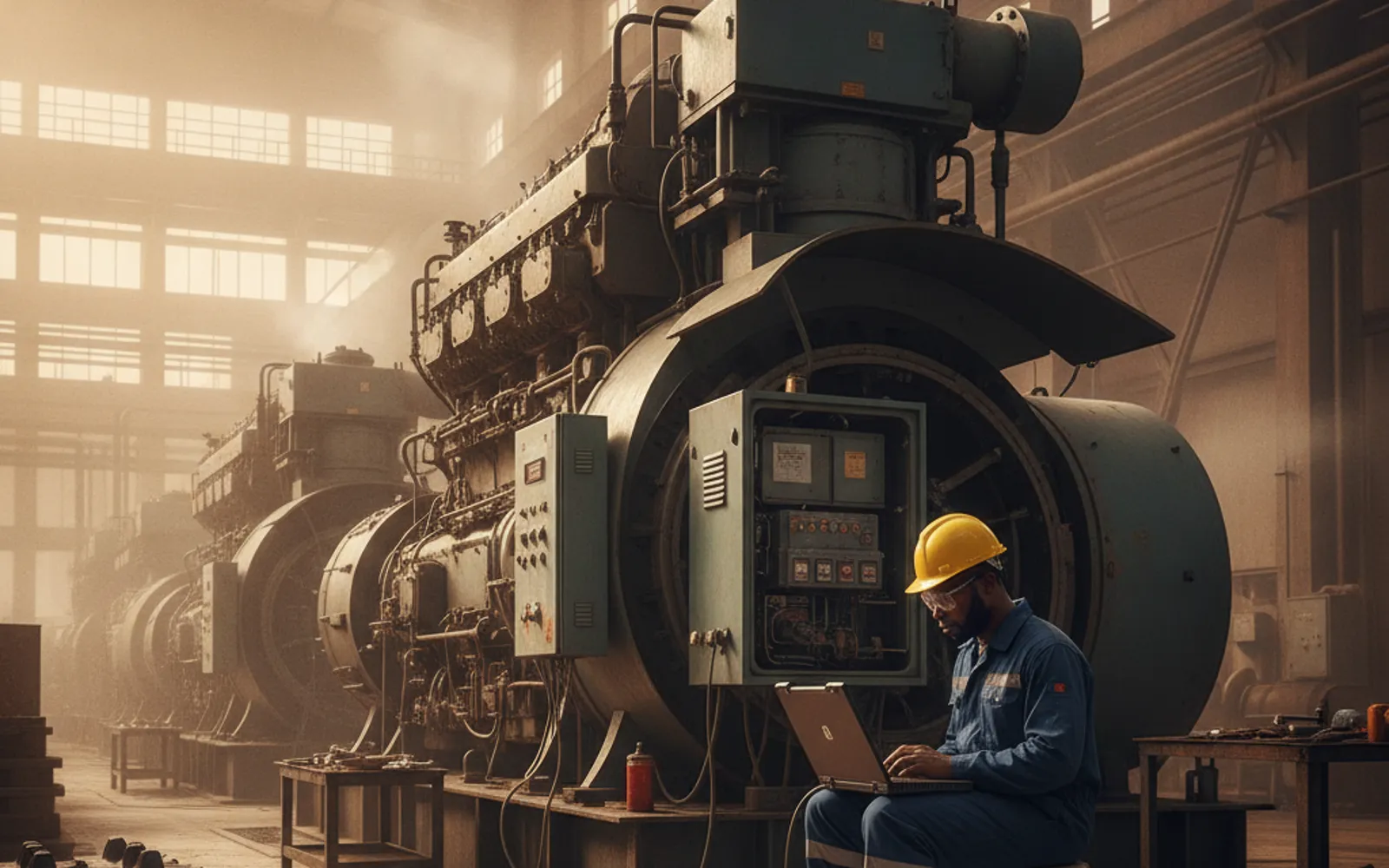 Engineer servicing a containerised industrial diesel generator at a factory